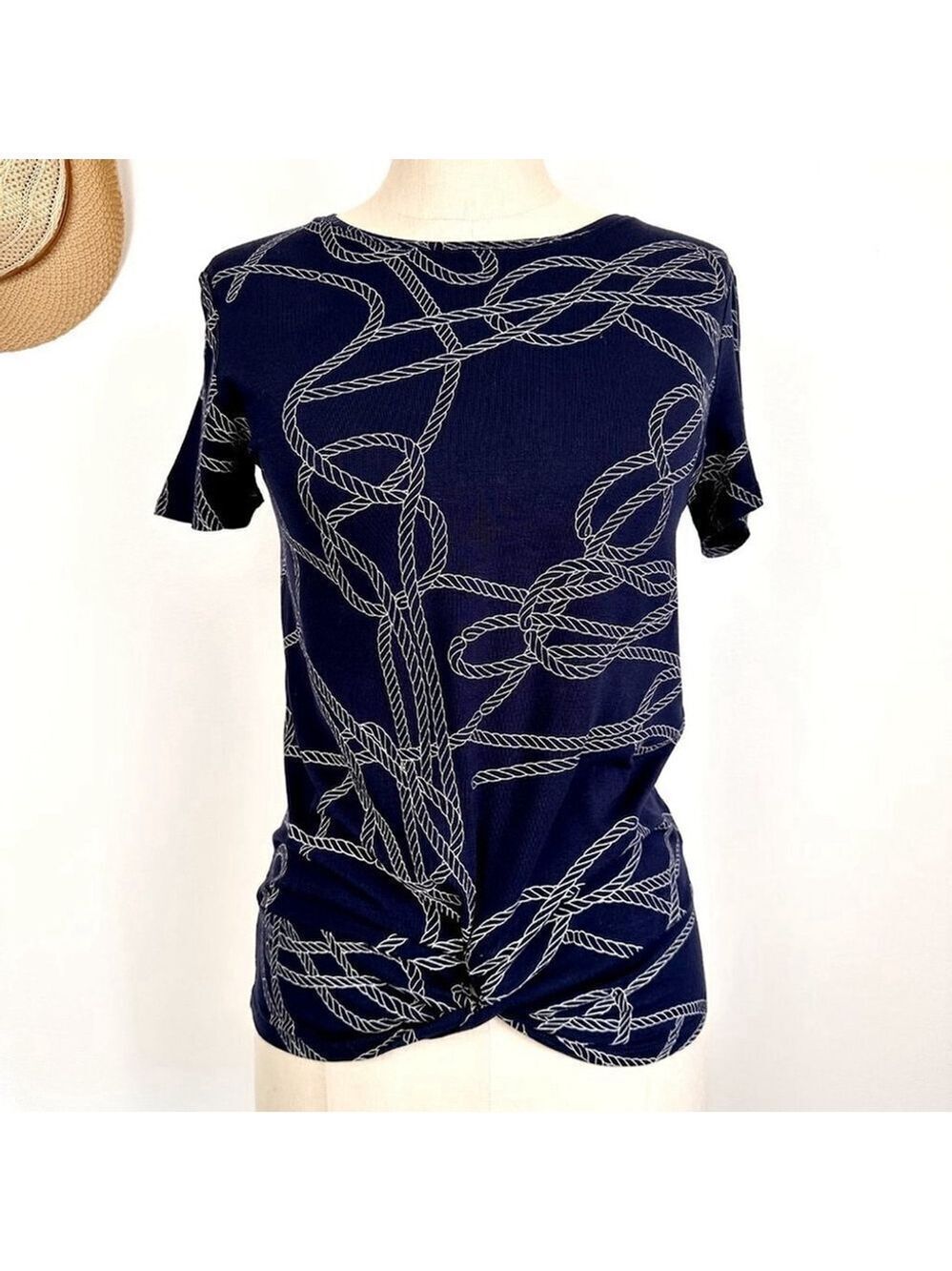 Dex Short Sleeve Patterned Top Navy Blue Womens Small Twist Tie Front